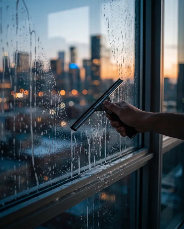 Fensterabzieher zieht eine klare Bahn über eine Glasscheibe vor der abendlichen Stadt