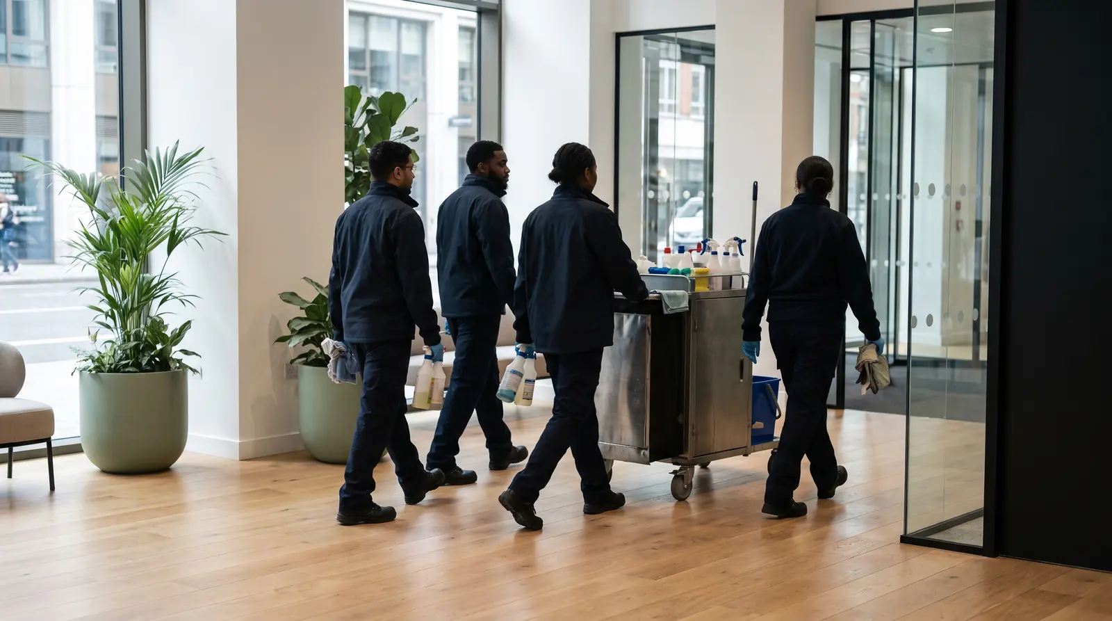 Reinigungsteam in einer Hotellobby, von hinten gesehen